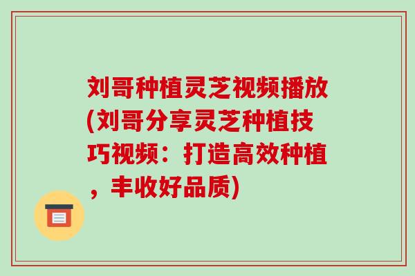 刘哥种植灵芝视频播放(刘哥分享灵芝种植技巧视频:打造高效种植,丰收好品质)-第1张图片-破壁灵芝孢子粉研究指南 刘哥种植灵芝视频播放(刘哥分享灵芝种植技巧视频:打造高效种植,丰收好品质)-第1张图片-破壁灵芝孢子粉研究指南