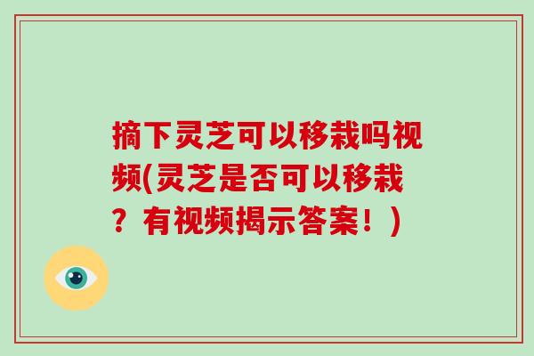 摘下灵芝可以移栽吗视频(灵芝是否可以移栽?有视频揭示答案!)-第1张图片-破壁灵芝孢子粉研究指南 摘下灵芝可以移栽吗视频(灵芝是否可以移栽?有视频揭示答案!)-第1张图片-破壁灵芝孢子粉研究指南